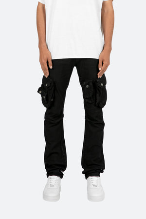 B357 Waxed Cargo Flare Denim - Black