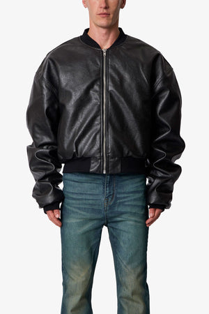 Leather Oversized Bomber Jacket - Black