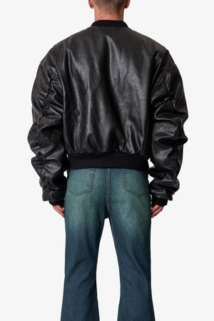 Leather Oversized Bomber Jacket - Black