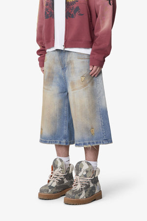 Ultra Baggy Dirty Denim Shorts - Washed Blue