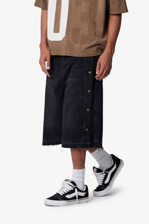 Ultra Baggy Offset Button Denim Shorts - Black