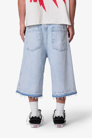 Ultra Baggy Offset Button Denim Shorts - Light Blue