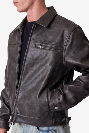 Washed Leather Jacket - Black