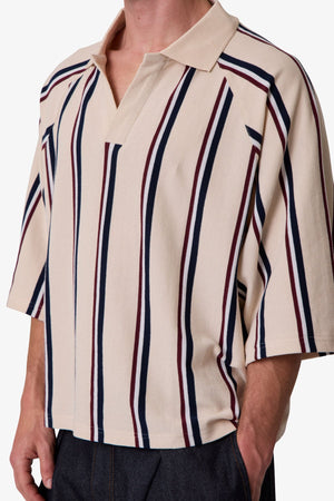 Wide Striped S/S Polo Shirt - Navy/Natural/Red