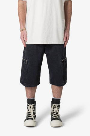 Zipper Baggy Denim Shorts - Black