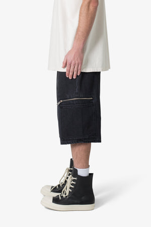 Zipper Baggy Denim Shorts - Black