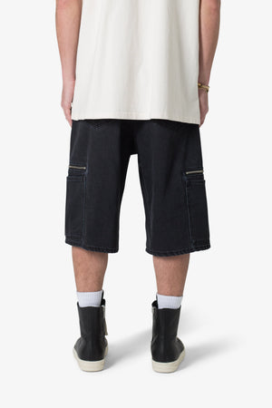 Zipper Baggy Denim Shorts - Black