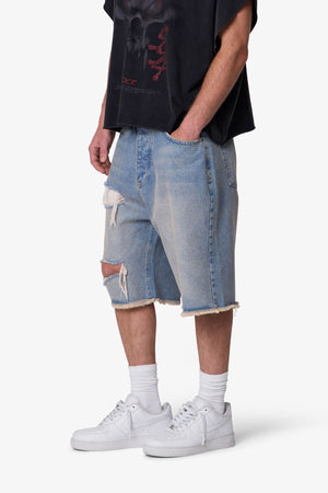 Baggy Distressed Denim Shorts - Light Blue