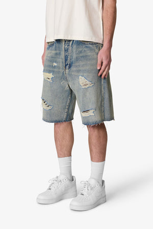 Baggy Ripped Denim Shorts - Vintage Blue