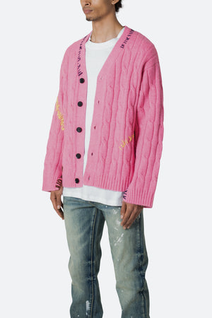 Cable Knit Cardigan Sweater - Pink