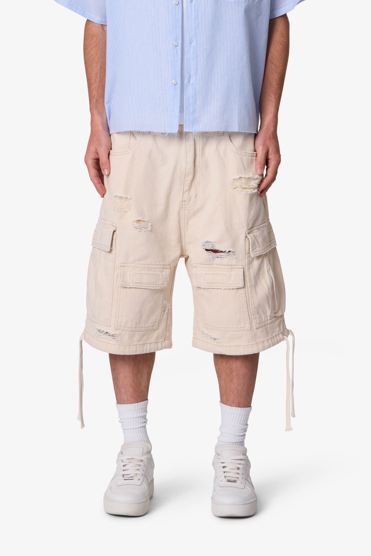 Distressed Baggy Cargo Shorts - Off White