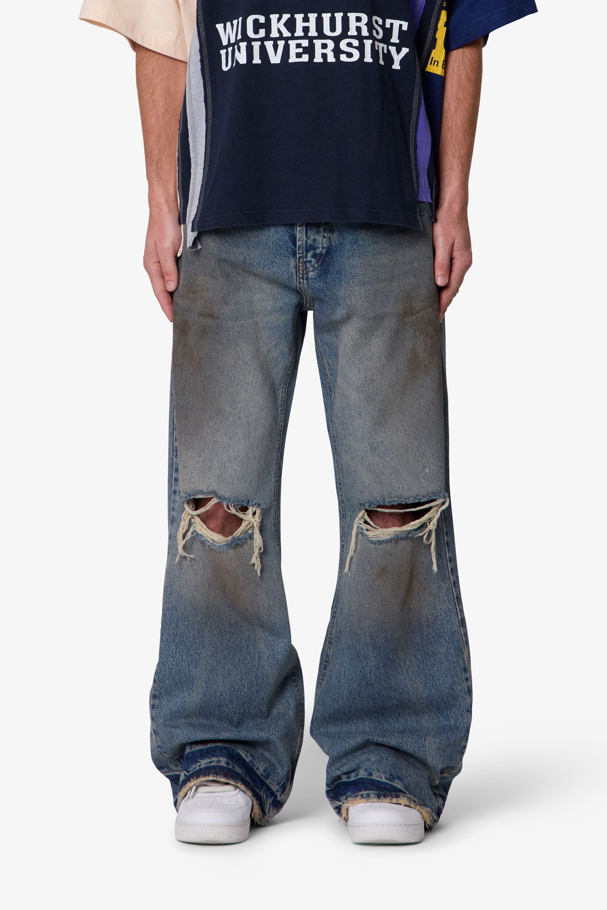 Distressed Kick Flare Denim - Washed Blue