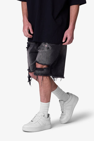 Distressed Spider Denim Shorts - Washed Black