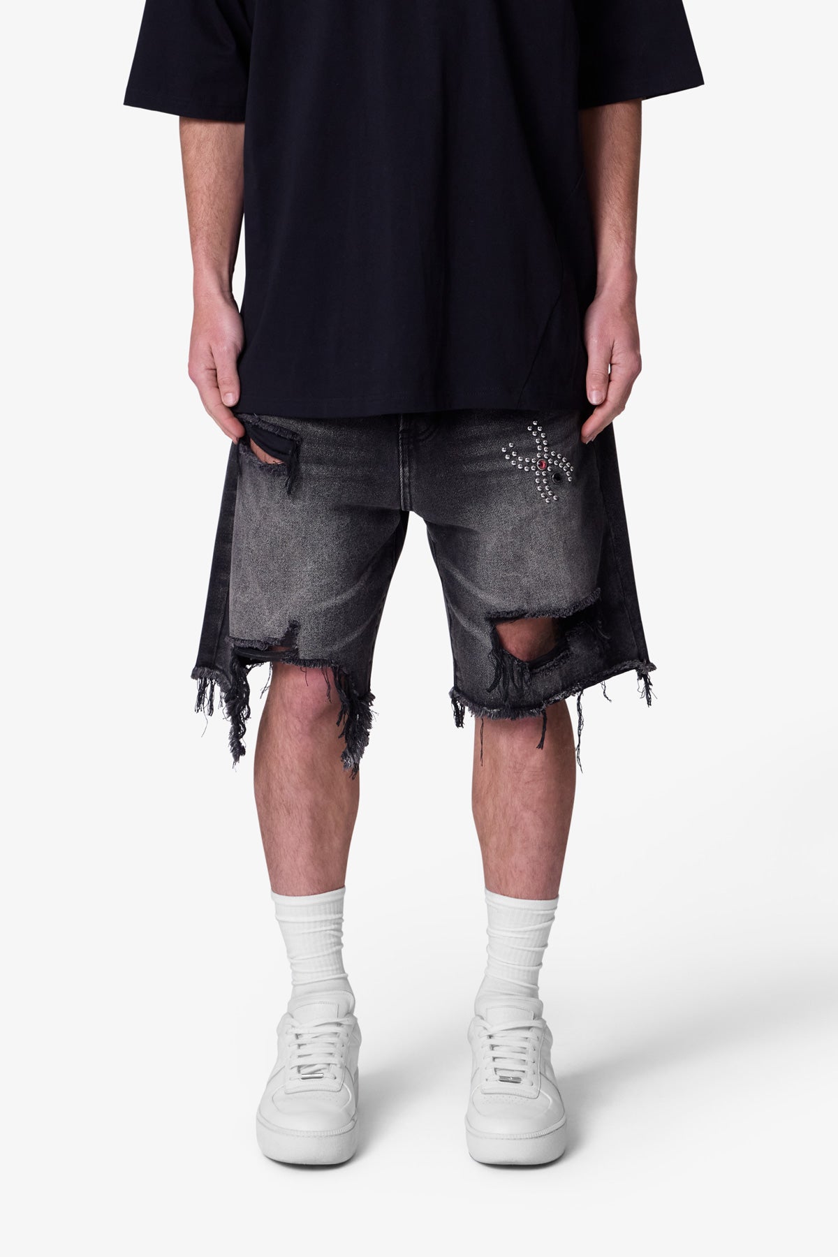 Distressed Spider Denim Shorts - Washed Black