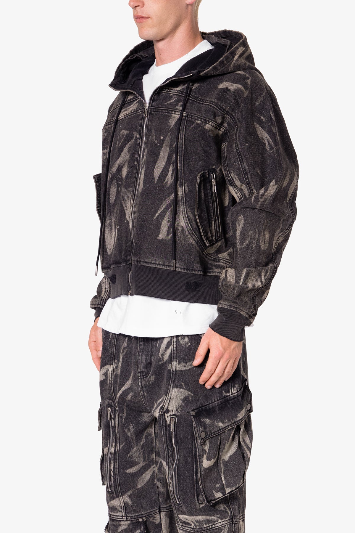 Double Denim Hooded Bomber Jacket - Black