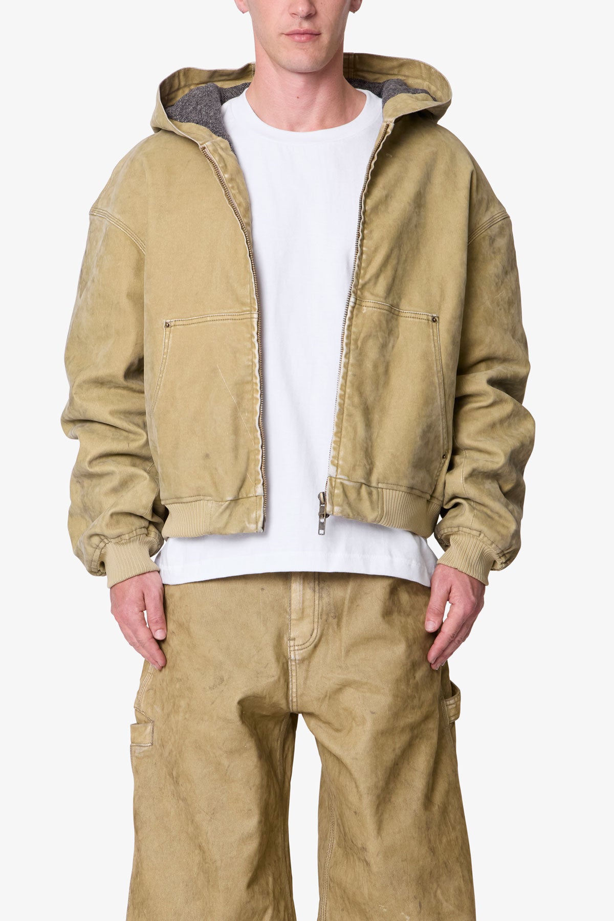 Flocked Hooded Zip Up Work Jacket - Tan