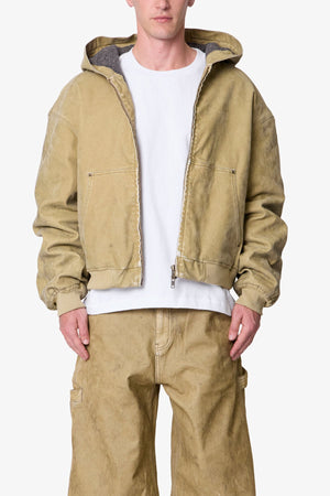 Flocked Hooded Zip Up Work Jacket - Tan