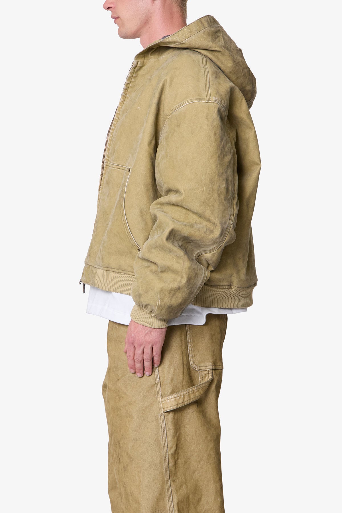 Flocked Hooded Zip Up Work Jacket - Tan