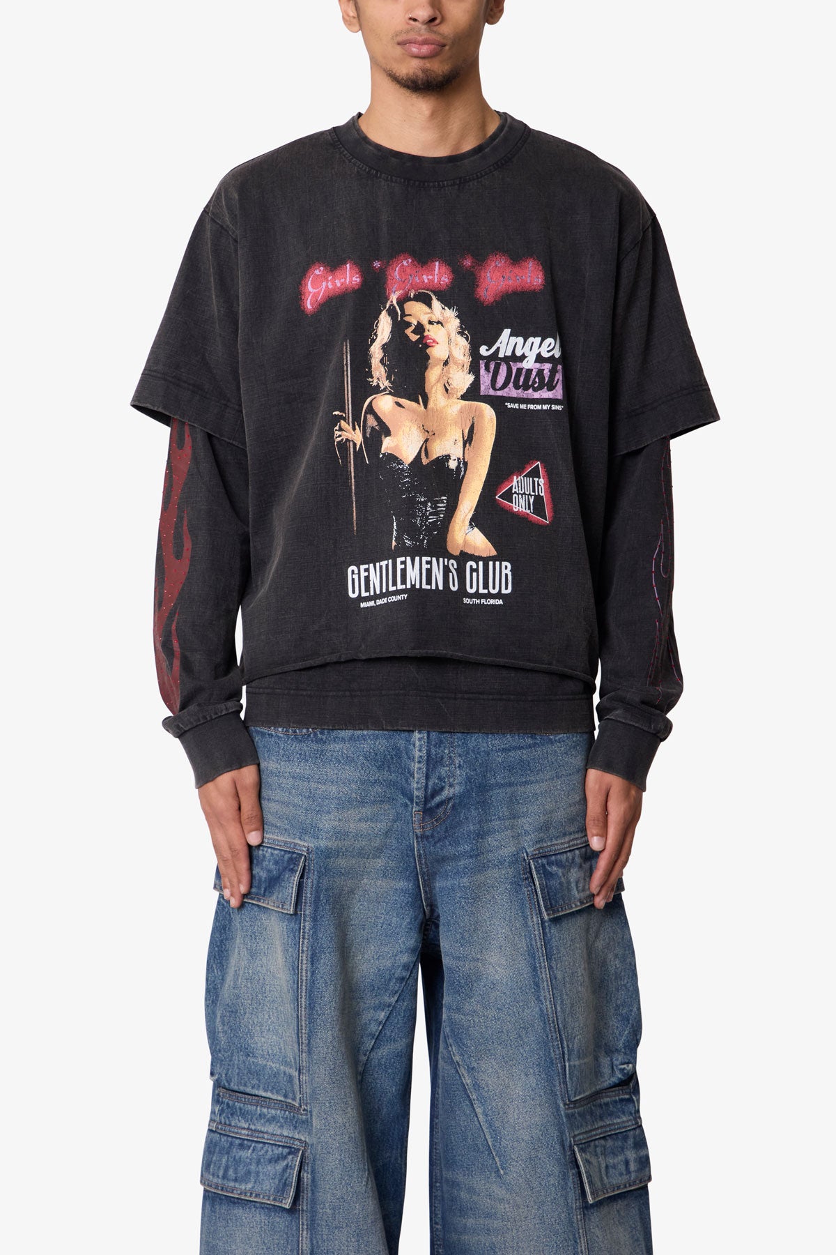 Gentlemens Club Printed L/S Tee - Washed Black