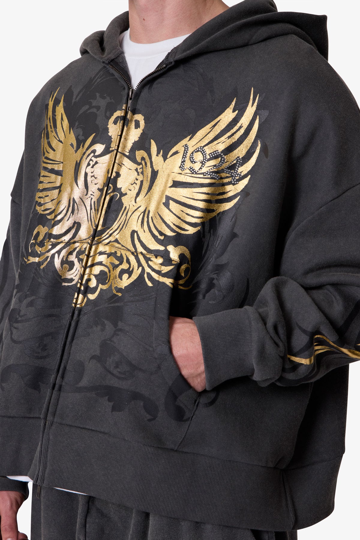 Gold Foil Tribal Hoodie - Washed Black