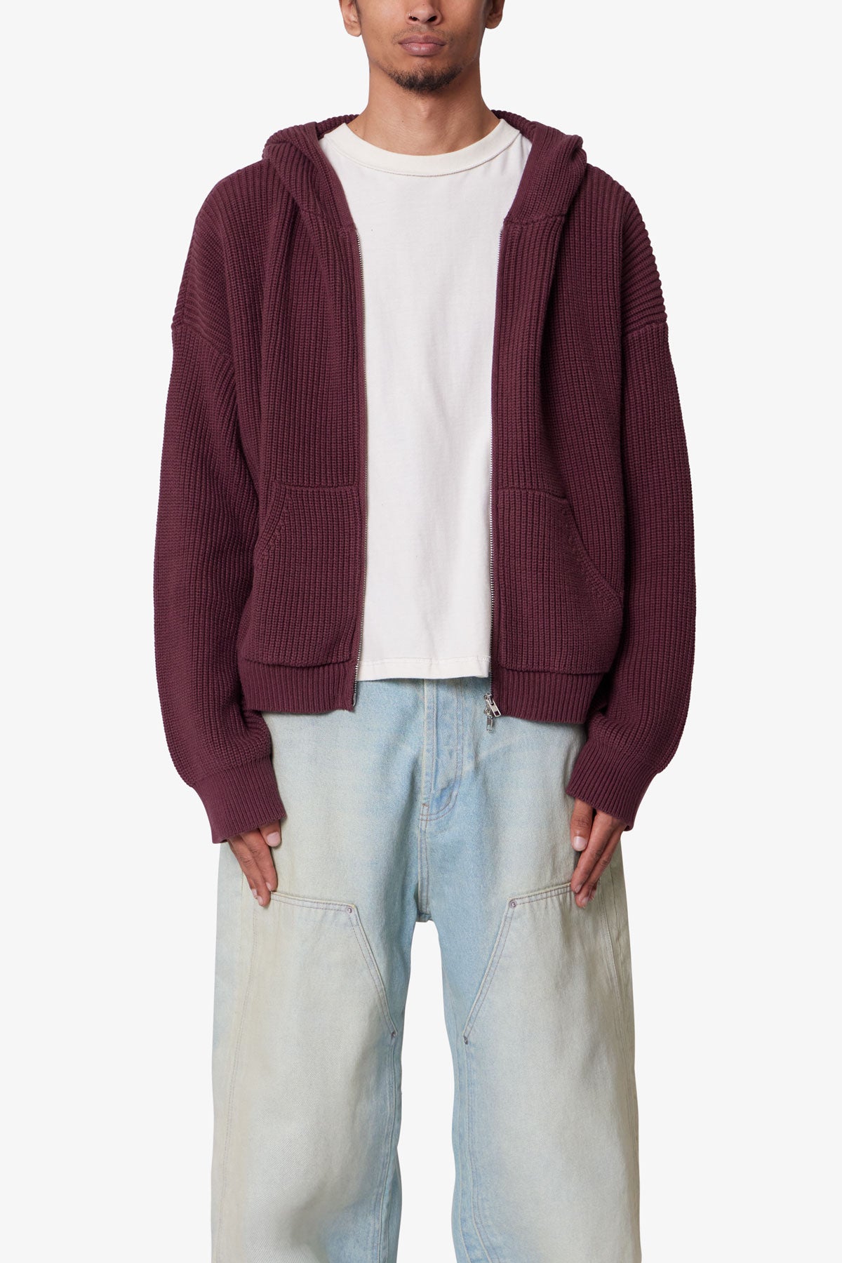 Knit Zip Up Hoodie - Burgundy