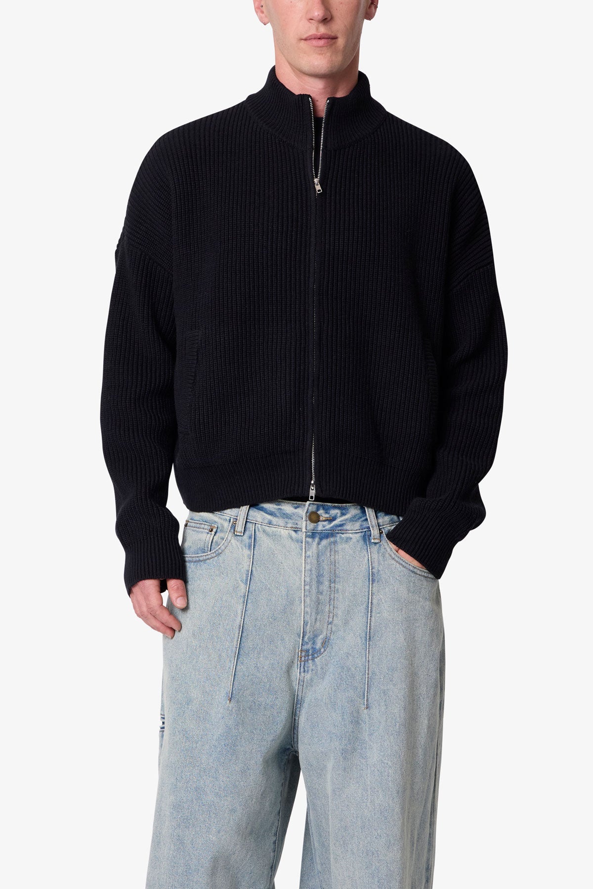 Knit Zip Up Sweater - Black
