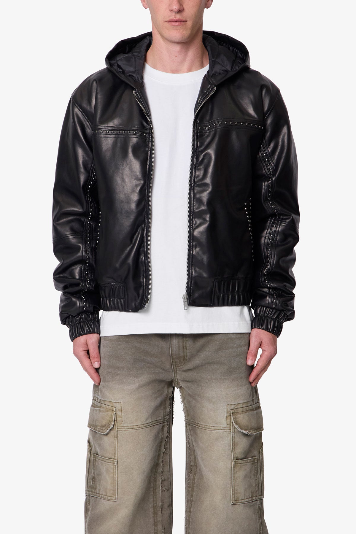 Leather Hooded Stud Jacket - Black