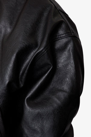 Leather Oversized Bomber Jacket - Black