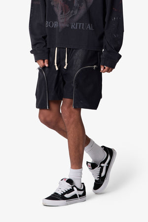 Leather Pocket Geo Shorts - Black