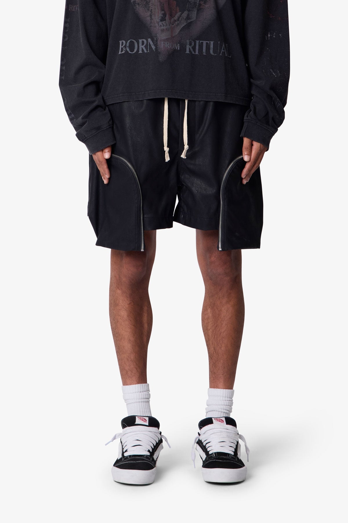 Leather Pocket Geo Shorts - Black