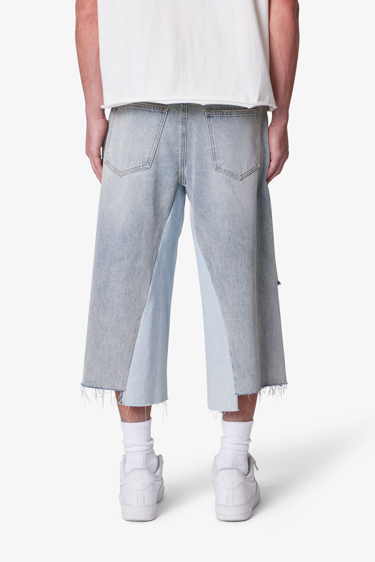 Paneled Denim Shorts - Washed Light Blue