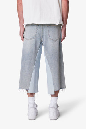 Paneled Denim Shorts - Washed Light Blue