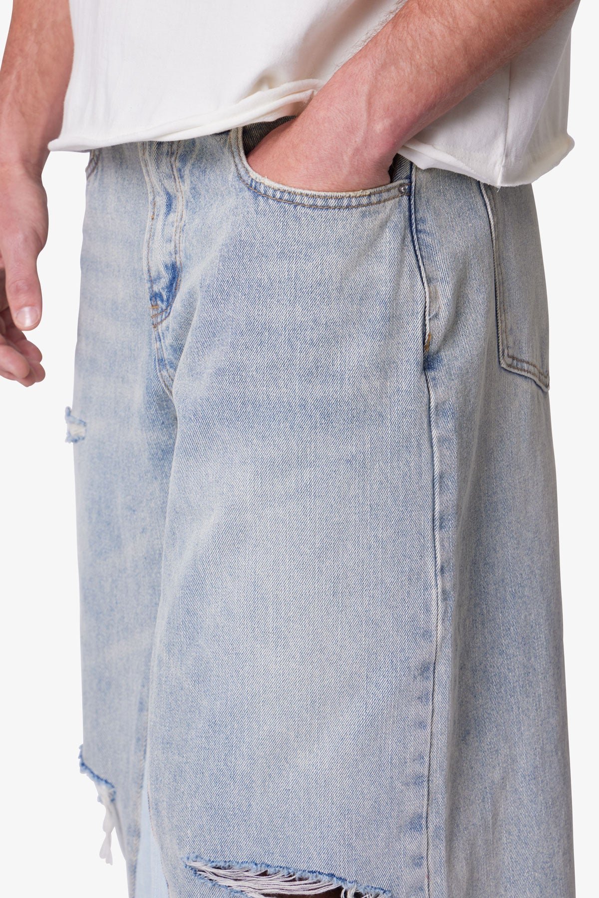 Paneled Denim Shorts - Washed Light Blue