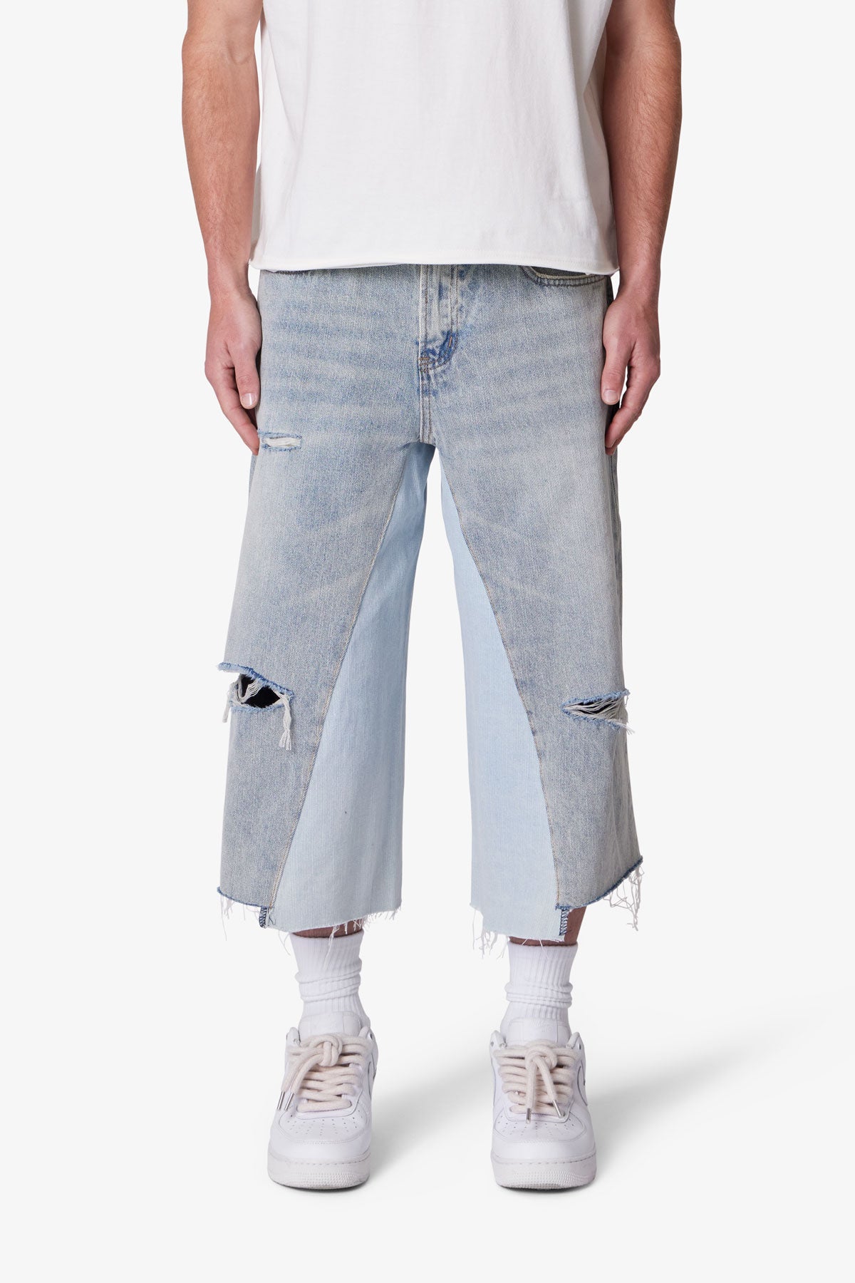 Paneled Denim Shorts - Washed Light Blue