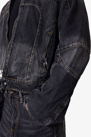 Paneled Moto Denim Jacket - Washed Black