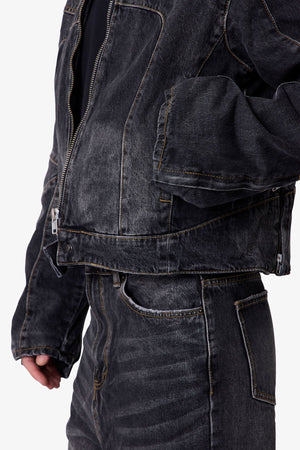 Paneled Moto Denim Jacket - Washed Black