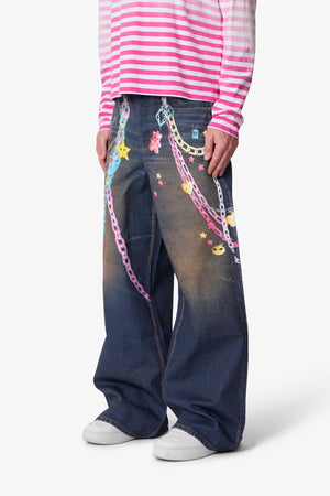 Rave Chain Printed Denim - Blue
