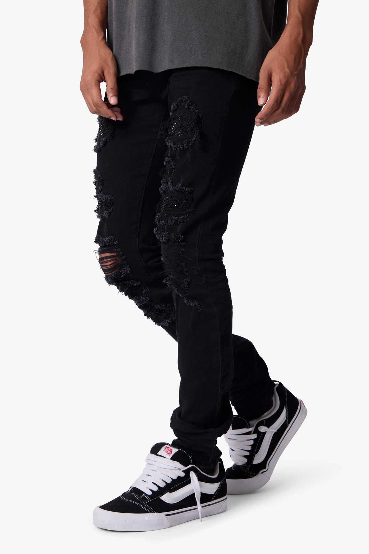 Skinny Distressed Rhinestone Denim - Black