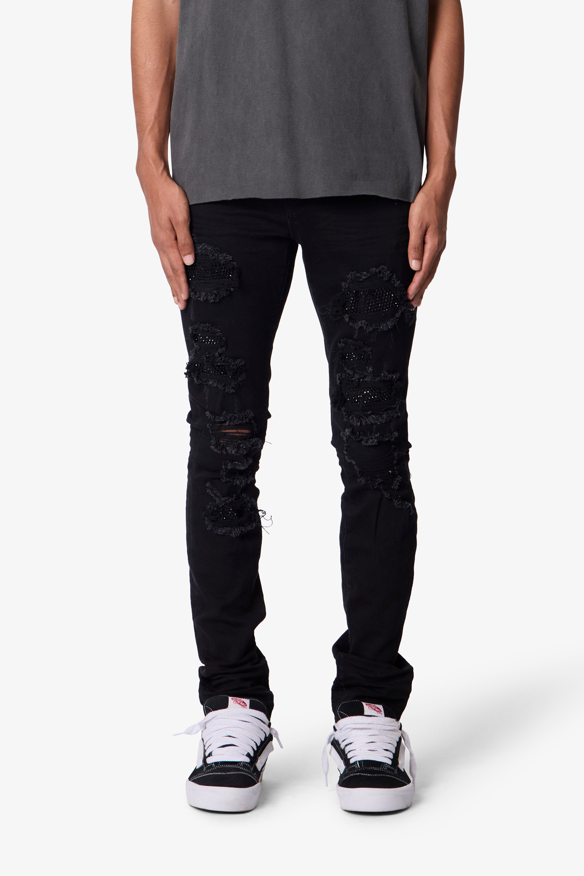 Skinny Distressed Rhinestone Denim - Black