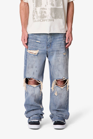 Ultra Baggy Distressed Zipper Denim - Vintage Blue