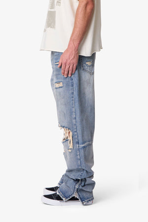 Ultra Baggy Distressed Zipper Denim - Vintage Blue