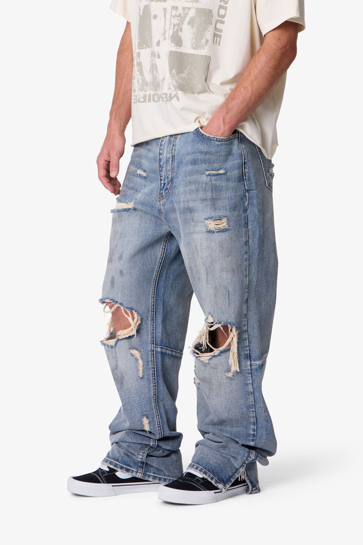 Ultra Baggy Distressed Zipper Denim - Vintage Blue