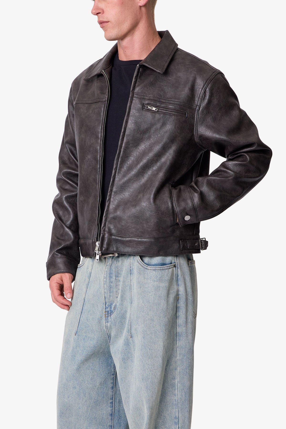 Washed Leather Jacket - Black