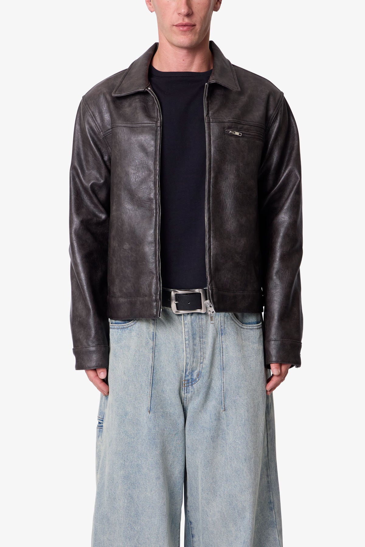 Washed Leather Jacket - Black