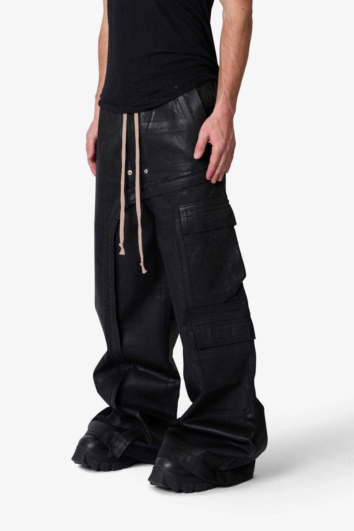 Waxed Rave Seam Cargo Pants - Black